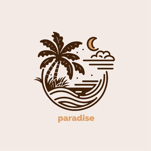棕榈树和日落在海滩上 矢量插画为线性风格 古董画标志风格 — 图库矢量图片