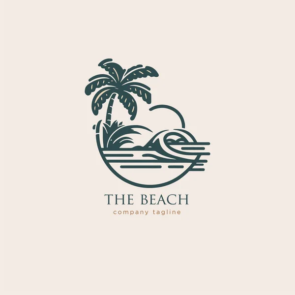 Modelo Logotipo Praia Palmeira Ondas Ilustração Vetorial Estilo Logotipo Monoline —  Vetores de Stock