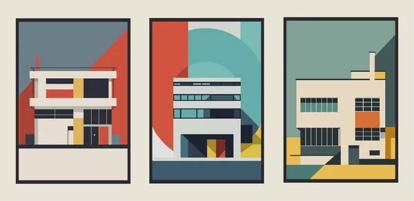 Soubor Plakátů Moderními Budovami Rovinatém Stylu Vektorová Ilustrace Styl Ploché — Stockový vektor