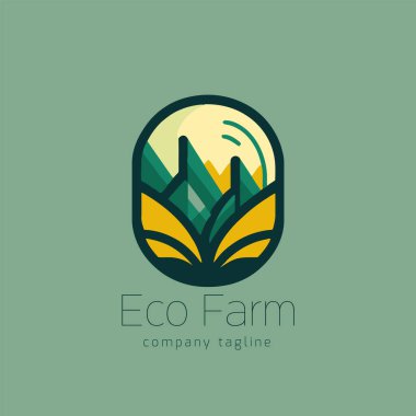 Organik ürün logosu tasarımı. Çiftlik logosu tasarımı. Güneş, yaprak, yeşil alan. Minimum vektör vektör gösterimi