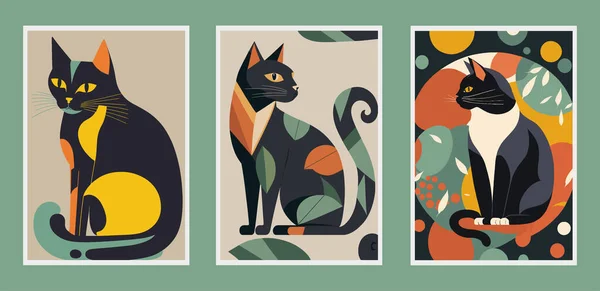 Набір Векторних Ілюстрацій Чорними Кішками Різнокольоровими Листям Настінний Арт Друк — стоковий вектор