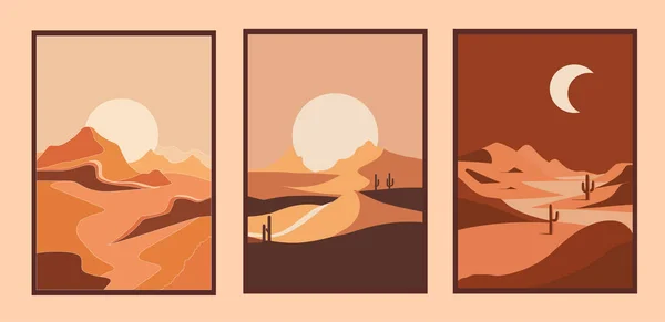 Set Von Wüstenlandschaften Mit Sanddünen Und Bergen Vektor Illustration Design — Stockvektor