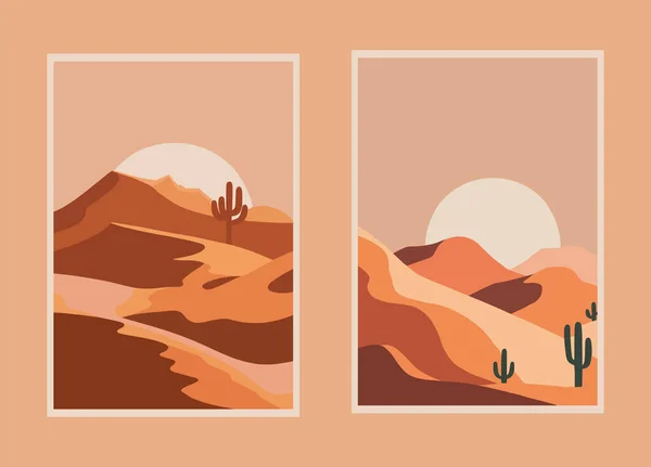 Set Von Plakaten Zur Wüstenlandschaft Vektorillustration Flachen Cartoon Stil — Stockvektor