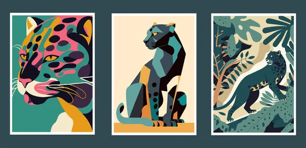 一套带有豹子和热带树叶的病媒海报 收集野生动物的卡片 墙面艺术印刷品海报 — 图库矢量图片