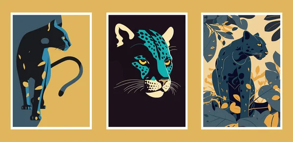 Conjunto Ilustraciones Vectoriales Dibujadas Mano Leopardo Jaguar Pantera Pared Arte — Vector de stock
