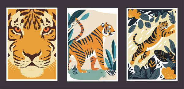 Conjunto Retratos Tigre Ilustración Vectorial Estilo Dibujos Animados Animales Salvajes — Vector de stock