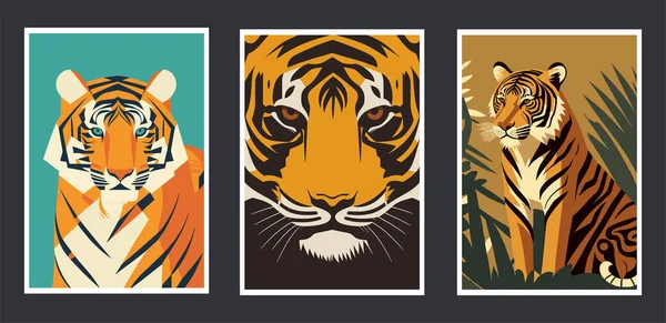 Набір Тигрових Портретів Векторні Ілюстрації Мультиплікаційному Стилі Дикі Тварини Настінний — стоковий вектор