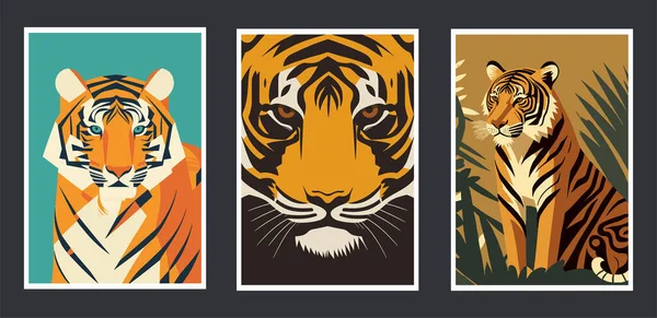 Ensemble Portraits Tigres Illustration Vectorielle Style Dessin Animé Des Animaux — Image vectorielle