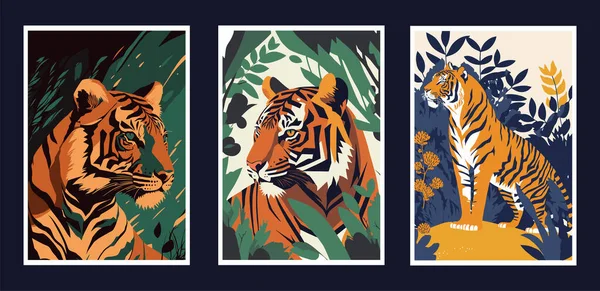 一组手工绘制的森林中老虎的病媒图解 可用作T恤衫和包包的印模 — 图库矢量图片
