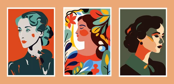 Ensemble Illustrations Vectorielles Abstraites Portraits Belles Femmes Style Rétro Affiche — Image vectorielle