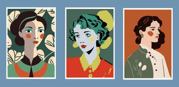 Ensemble Illustrations Vectorielles Avec Des Portraits Belles Femmes Dans Style — Image vectorielle