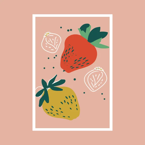 Erdbeer Vektorillustration Handgezeichnete Früchte Quadratischem Rahmen Kunstdruck Plakatgestaltung — Stockvektor
