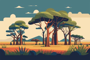 Uzun otları ve dağınık ağaçları olan savanalar. Ağaçlı Afrika savanası manzarası. Düz biçimli vektör illüstrasyonu.