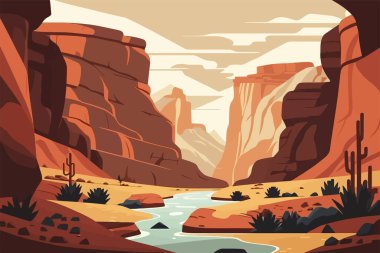 Canyon with a river running through it. Desert landscape with cactus and river. Vector cartoon illustration clipart