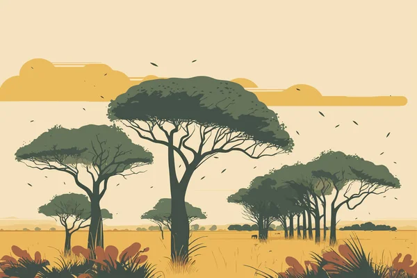 Саванны Высокой Травой Разбросанными Деревьями Африканская Саванна Силуэтами Деревьев Травы — стоковый вектор