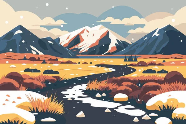 Krajina Horami Řekou Vektorové Ilustrace Plochém Stylu Tundra Zasněženými Poli — Stockový vektor
