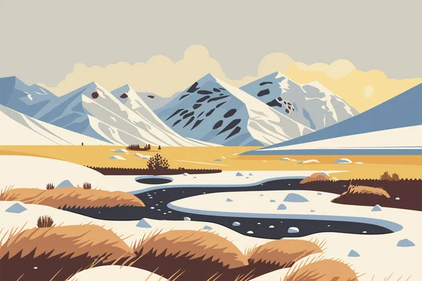 Mountain landscape with a river. Vector illustration in flat style. Tundra with snowy fields