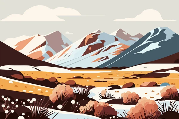 有高山的沙漠景观 矢量插图为平面卡通风格 带雪地的冻土带 — 图库矢量图片