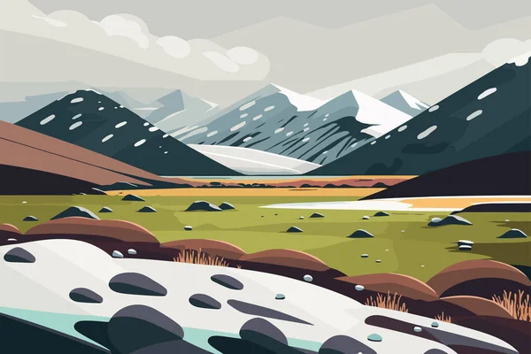 Mountain landscape with river and snow-capped mountains. Vector illustration. Tundra with snowy fields