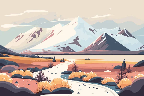 Landscape Mountains River Vector Illustration Flat Style Tundra Snowy Fields — Stock Vector