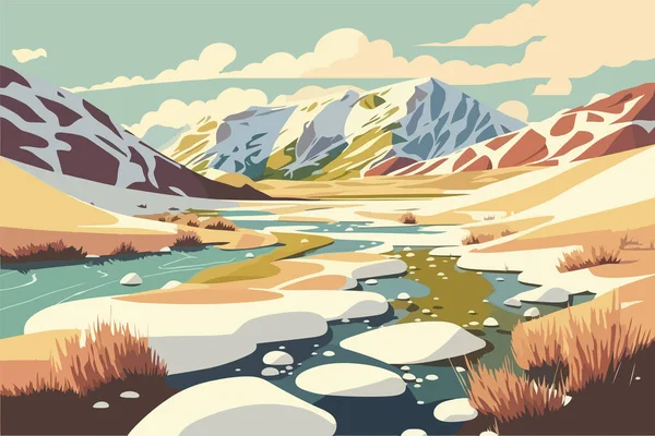 冻土带雪地 美丽的风景与河流和山脉 采用复古风格的矢量图解 — 图库矢量图片