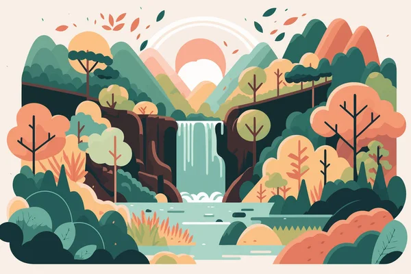 Autumn landscape with river and waterfall nature background. Flat style vector illustration.