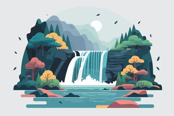Landscape with a waterfall in the forest nature background. Vector illustration in flat style