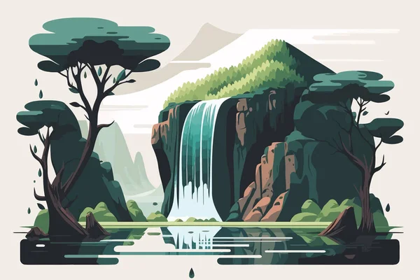 Landschaft Mit Einem Wasserfall Hintergrund Des Waldes Vektorillustration Flachen Stil — Stockvektor
