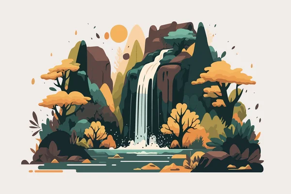 Autumn landscape with waterfall nature background. Colorful vector illustration in flat style.