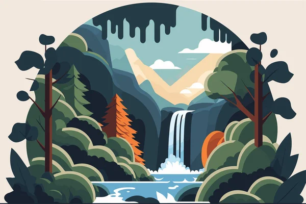 Landscape with a waterfall in the forest nature background. Vector illustration in flat style