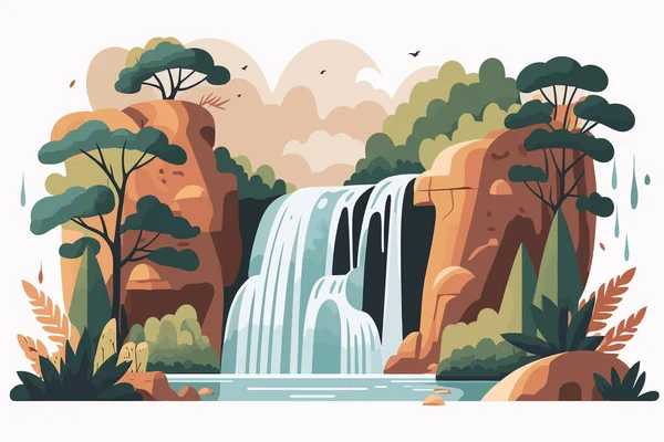 Waterfall flat vector illustration. Cartoon landscape with waterfall and forest nature background
