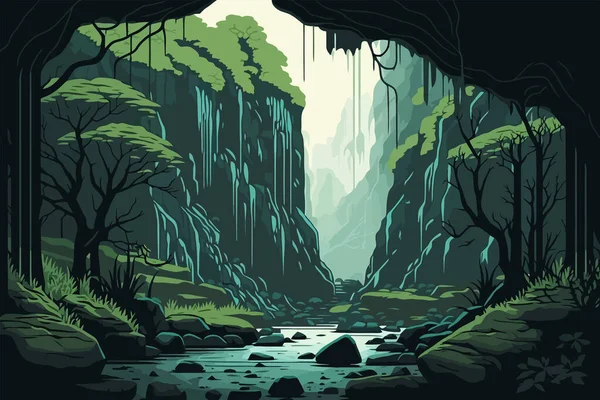 Waterfall in the forest. Vector illustration in a flat style. A mossy forest with a waterfall and a cave in the background