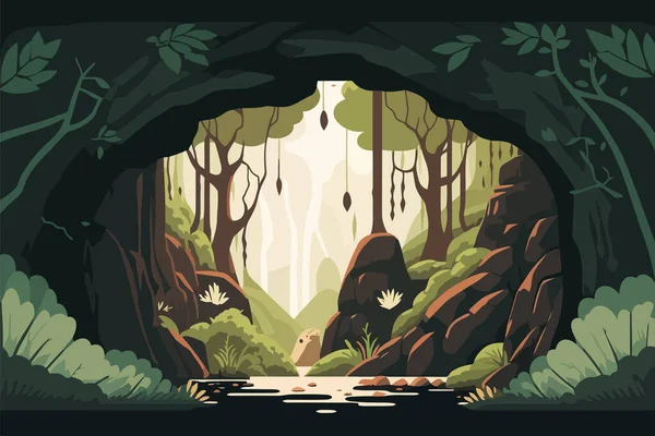Фантастический Лесной Пейзаж Ручьем Протекающим Через Скалы Векторная Иллюстрация Мшистый — стоковый вектор