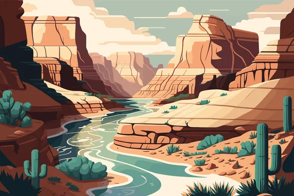 Canyon Met Een Rivier Die Doorheen Stroomt Vector Illustratie Platte — Stockvector