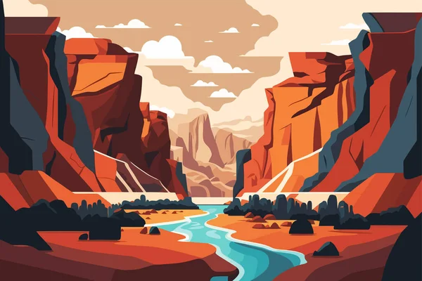 Canyon Traversé Par Une Rivière Illustration Vectorielle Style Plat — Image vectorielle