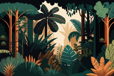 Tropical forest background. Vector illustration in flat cartoon style. Tropical rainforest with exotic plants clipart