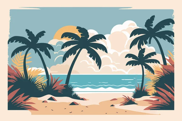 Strand Met Palmbomen Zee Vector Illustratie Platte Stijl Strand Met — Stockvector