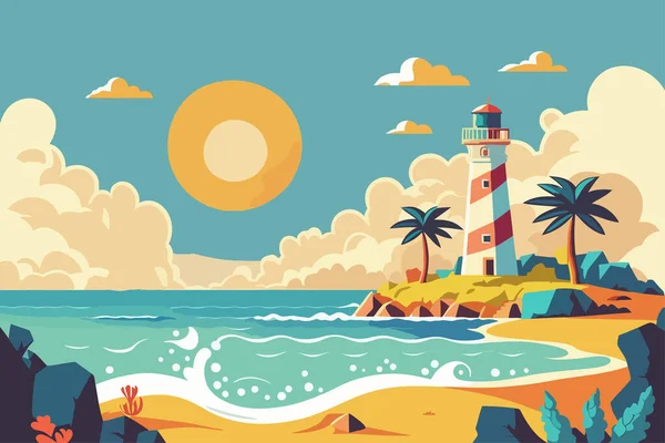 有灯塔和棕榈的海景 平面样式矢量图解 一个有灯塔的海滩 — 图库矢量图片