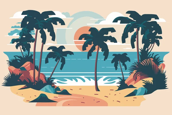 Strand Met Palmbomen Zee Vector Illustratie Platte Stijl Strand Met — Stockvector
