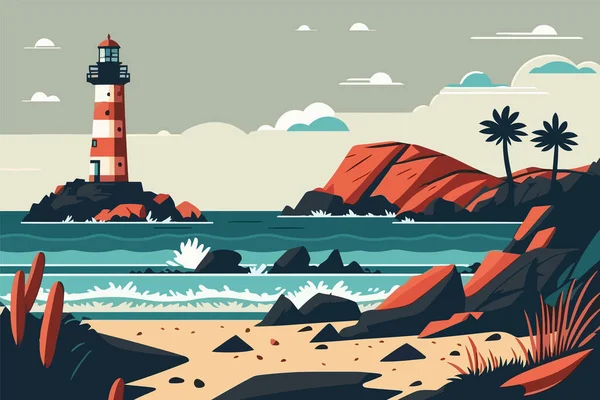 Latarnia Morska Wybrzeżu Ilustracja Wektora Płaskim Stylu Plaża Latarnią Morską — Wektor stockowy