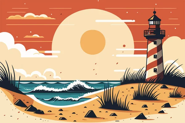 Maják Pláži Při Západu Slunce Vektorová Ilustrace Plochém Stylu Pláž — Stockový vektor