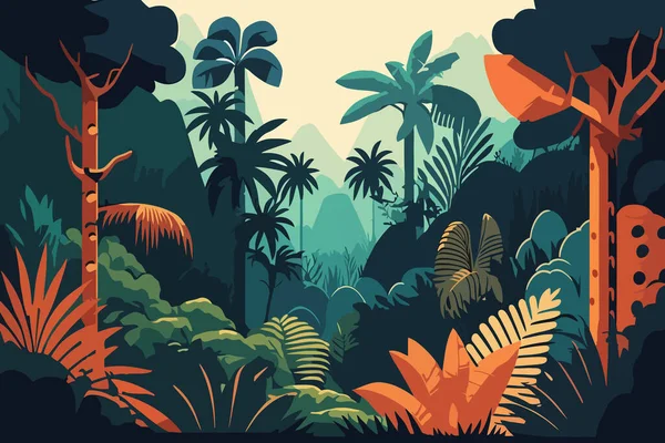 Tropikalny Krajobraz Dżungli Ilustracja Wektora Stylu Płaskiej Kreskówki Tropikalny Las — Wektor stockowy