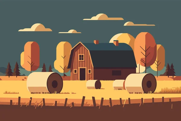 农场景观与干草包和谷仓 平面样式矢量图解 后面有一捆干草和一个谷仓 — 图库矢量图片