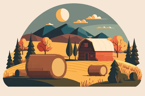 干し草の俵と納屋と秋の風景 ベクトルイラスト 背景には干し草と納屋のある畑 — ストックベクタ