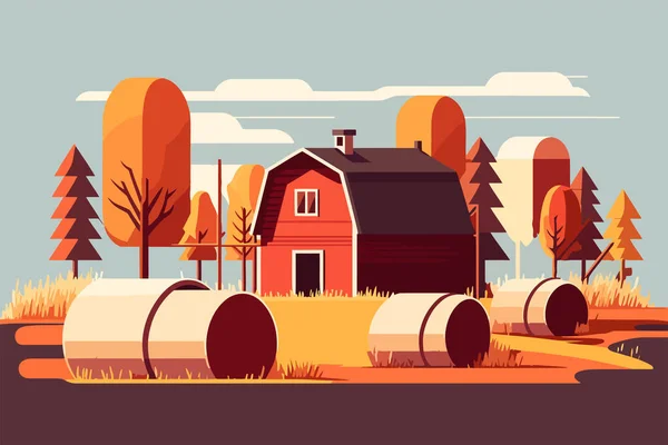 干し草や家と国の風景 フラットスタイルのベクトルイラスト 背景には干し草と納屋のある畑 — ストックベクタ
