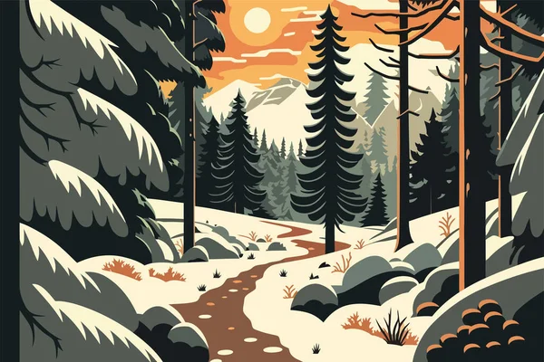 Vektorová Ilustrace Jehličnatého Lesa Horách Při Západu Slunce Les Zasněženou — Stockový vektor