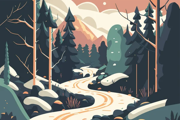 森林里的路向量图以平坦的样式显示 山地景观 一片白雪覆盖的森林 — 图库矢量图片