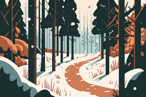 冬季森林景观与道路和树木 向量图以平板格式显示 一片白雪覆盖的森林 — 图库矢量图片
