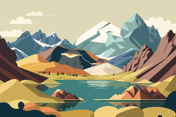 Mountain landscape with lake and mountains in flat style vector illustration. A mountain range with a lake in the valley