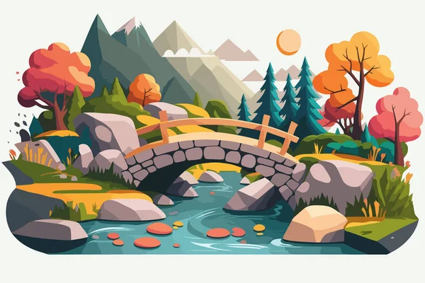 Autumn landscape with bridge and river. Flat style vector illustration. A river with a small waterfall and a log bridge